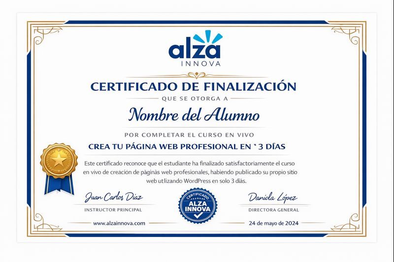 Ilustración de un certificado de finalización de curso de Alza Innova.